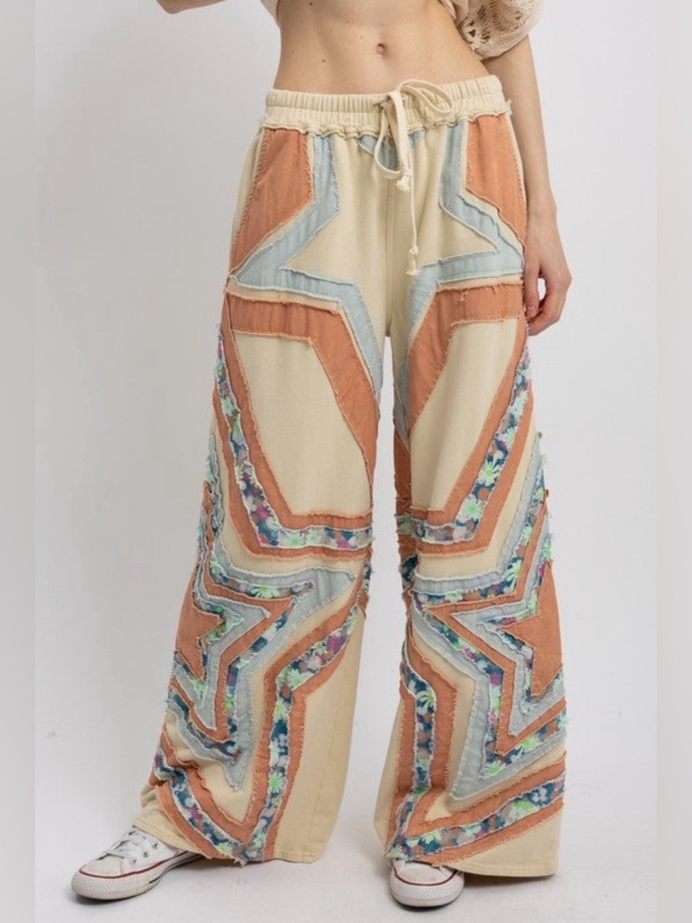 Boho Star ⭐️ Patchwork Wide-Leg Pants - Cream & Rust